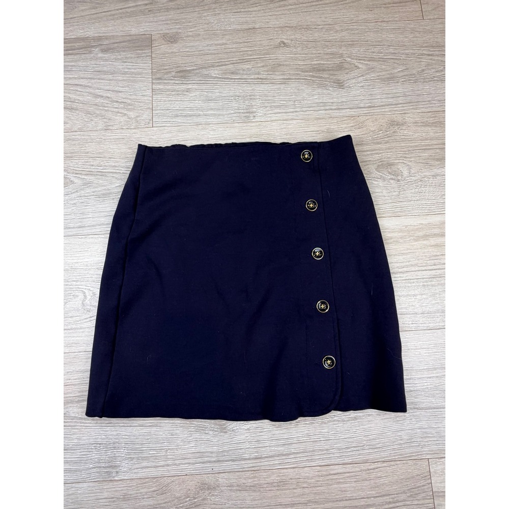 Spartina 449 Navy Blue Ponte Knit Button Mini Skirt Small Faux Wrap Gold Detail